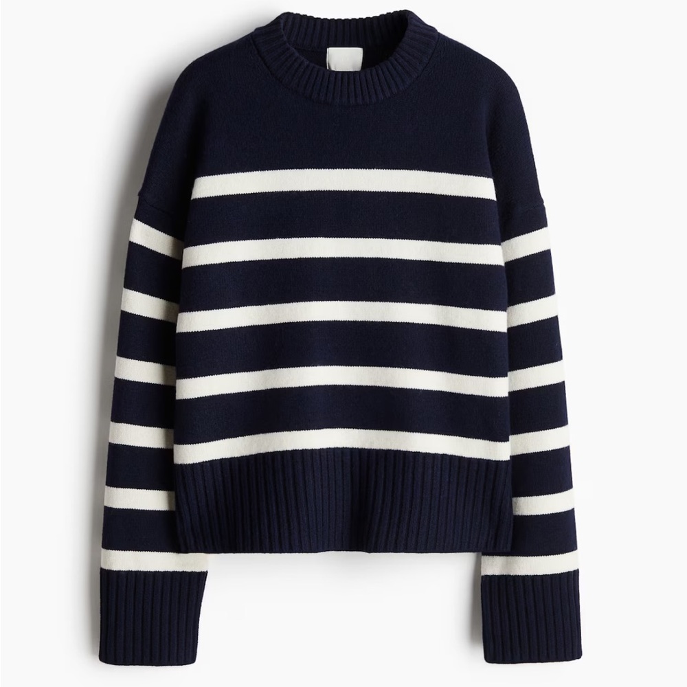 H&M FINE-KNIT SWEATER in Dark Blue and White Stripes M